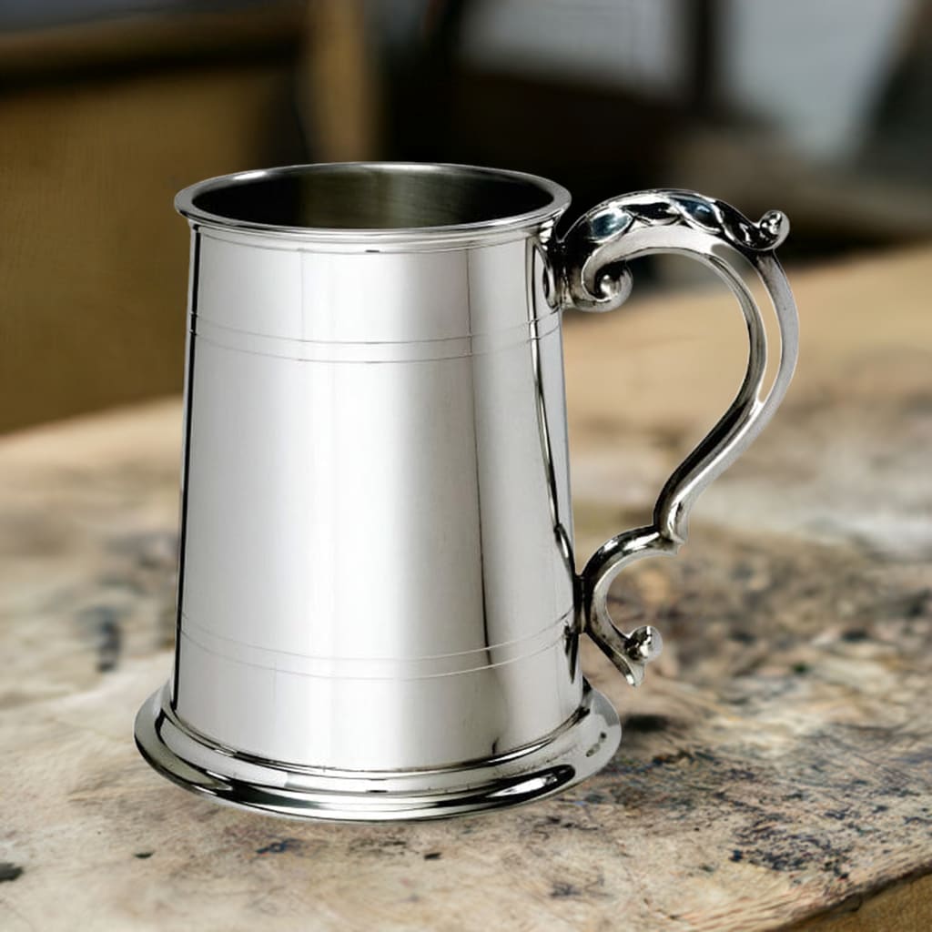 1 Pint Double Lines Fancy Handle Pewter Tankard